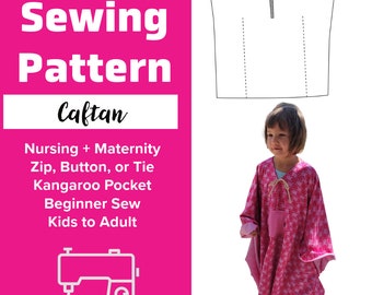 Puede incluir: Un patrón de costura para una caftán, con un fondo rosa y un icono de máquina de coser. El patrón es para ropa de maternidad y lactancia, e incluye un bolsillo canguro. El patrón es para niños y adultos, y se puede hacer con tejido de punto o tejido. El patrón incluye opciones para una cremallera, un botón o un lazo.