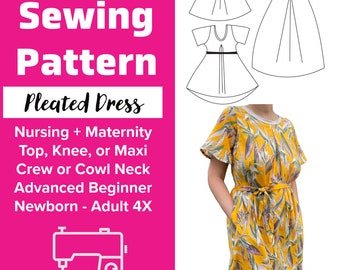Puede incluir: Un patrón de costura para un vestido plisado, adecuado para la lactancia o la maternidad. El patrón es para un top, un vestido de rodilla o un vestido maxi con cuello redondo o cuello de pico. El patrón es para principiantes avanzados y está disponible en tallas desde recién nacido hasta adulto 4X.