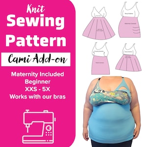 Puede incluir: Patrón de costura de punto para un top camisola, con instrucciones para tallas de maternidad y tallas regulares. El patrón es para tallas XXS-5X y funciona con los sujetadores del vendedor. La imagen muestra una modelo con un top camisola azul con un sujetador floral debajo. La imagen también muestra cuatro estilos diferentes de tops camisolas, incluyendo un camisón ajustado, un camisón de maternidad, un sujetador de busto y un sujetador de mamá.