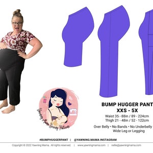 Puede incluir: Un patr&oacute;n de costura morado para un pantal&oacute;n de maternidad, tallas XXS-5X. El patr&oacute;n incluye medidas en pulgadas y cent&iacute;metros para la cintura y el muslo. El texto en el patr&oacute;n dice "Bump Hugger Pant XXS-5X, Waist 35-88in/89-224cm, Thigh 21-48in/52-122cm, Over Belly. No Bands. No Underbelly Seam. Wide Leg or Legging. #BUMPHUGGERPANT @YAWNING.MAMA INSTAGRAM www.yawningmama.com | nellie@yawningmama.com"