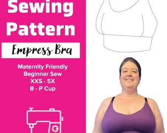 Puede incluir: Una ilustración rosa y blanca de un patrón de sujetador con el texto "Knit Sewing Pattern Empress Bra" y "Maternity Friendly Beginner Sew XXS - 5X B - P Cup". Una mujer lleva un sujetador morado.