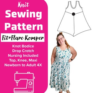 May include: A pink and white graphic with the text "Knit Sewing Pattern Fit+Flare Romper" and a sewing machine illustration. The graphic also includes the text "Knot Bodice, Drop Crotch, Nursing Included, Top, Knee, Maxi, Newborn to Adult 4X". A black and white line drawing of a sleeveless romper with a knot detail at the waist is shown in the upper right corner. A woman is wearing a similar romper in a blue and white pattern.