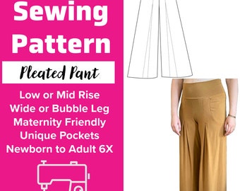 Puede incluir: Patrón de costura de punto para pantalones plisados. El patrón incluye instrucciones para pantalones de tiro bajo o medio, pierna ancha o de burbuja, aptos para la maternidad con bolsillos únicos. El patrón está disponible en tallas desde recién nacido hasta adulto 6X.