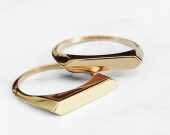 18K 14K 9K Thin Hexagon Bar Signet ring,  Dainty Solid Gold Signet ring, Personalized Custom Engraving Pinky ring for women, Geometric ring