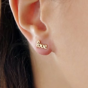 14K Love Earrings, Cursive Love Stud Earrings, Tiny love studs, Small love stud earrings, Tiny solid gold stud earrings, Girlfriend Gift, 9K image 1