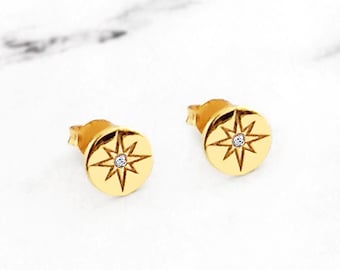 14K 9K Gold Diamond Starburst Earrings, Star Disc Studs, Polaris Diamond Earrings, Minimalist Solid Gold Stud Earrings, Small Diamond Studs