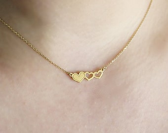 14K 9K Gold Triple Heart Necklace, Solid gold heart necklace, Dainty heart necklace, Hearts necklace, Gift for her, Love necklace, Rose Gold