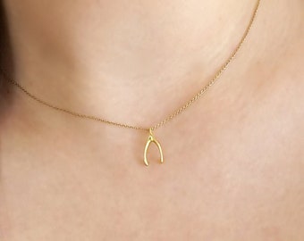 14K 9K Tiny Wishbone Charm Necklace, Good Luck Charm, Lucky Make a Wish Bone Charm, Dainty Gold Necklace, Everyday Minimal Layering Necklace