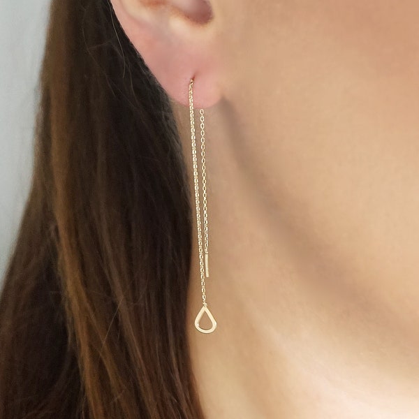 14K 9K Gold Teardrop Threader earrings, Solid Gold Minimalist Earrings, Dainty Teardrop Threaders, Long Chain Drop Earrings, Edgy Ear Thread