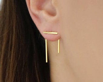 14K Solid Gold Staple line bar ear jacket, Jacket and stud pair, Mix and match earring jackets, Front back earring, Double sided earring