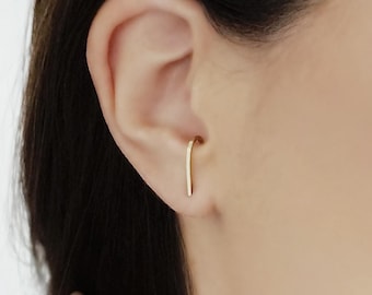 14K 9K Thin suspender earrings, Minimal Gold Earrings, Solid Gold Earrings, Ear Huggie, Half Hoop Earrings, Suspender hook earring, Unique