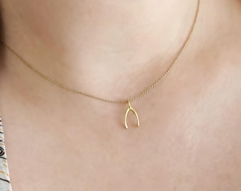 14K 9K Tiny Wishbone Charm Necklace, Good Luck Charm, Lucky Make a Wish Bone Charm, Dainty Gold Necklace, Everyday Minimal Layering Necklace