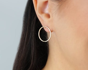 14K Solid Gold Circle Earrings, Circle Stud Earrings, Hoop Studs Posts, Geometric Earrings, Open Circle Studs, Simple Everyday Earrings, 9K