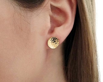 14K Gold Hammered Circle Stud Earrings, Solid gold stud earrings,Rose gold hammered circle studs,Small hammered disc earrings,Minimalist,9K