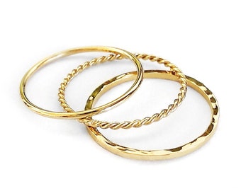 14K 9K Gold Stacking Ring Set, Set of 3 Thin Bands, Hammered Smooth Twisted Solid Gold Stackable Rings, Delicate Ring Stack,Midi Thumb Rings