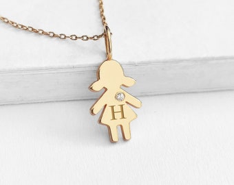 14K 9K Personalized Tiny Girl Pendant, Solid Gold Girl Charm with Diamond and Initial, Girl charm necklace, New born New mom gift, Kid tag