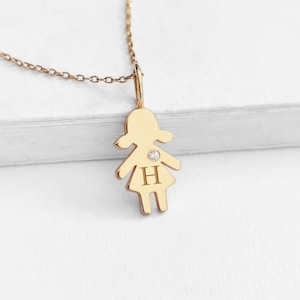 14K 9K Personalized Tiny Girl Pendant, Solid Gold Girl Charm with Diamond and Initial, Girl charm necklace, New born New mom gift, Kid tag