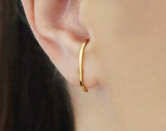 14K 9K Minimalist Earlobe Cuff, Gold Suspender Earrings, Modern Simple Stud Curved Bar Earring, Gold Ear Cuff Huggie, Hook Wrap Earrings