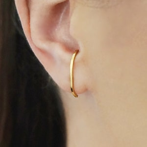 14K 9K Minimalist Earlobe Cuff, Gold Suspender Earrings, Modern Simple Stud Curved Bar Earring, Gold Ear Cuff Huggie, Hook Wrap Earrings