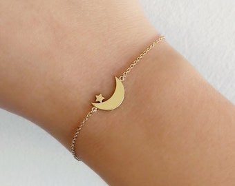 Moon Star Bracelet, 14K 9K Solid gold bracelet, Dainty gold bracelet, Crescent moon bracelet, Star bracelet, Rose gold moon star, Women Gift