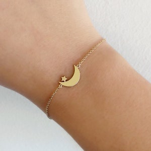 Moon Star Bracelet, 14K 9K Solid gold bracelet, Dainty gold bracelet, Crescent moon bracelet, Star bracelet, Rose gold moon star, Women Gift