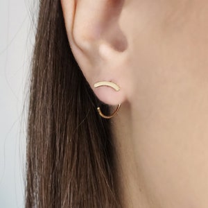 14K 9K Gold Bar Hugging Hoops, Solid Gold Hug Earrings, Huggie Hoop Earrings, Minimalist Hug Open hoops, Simple gold Huggies,T Hoop earrings