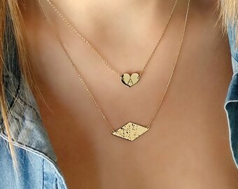 14K 9K Hammered Rhombus necklace, Geometric Diamond shape necklace, Dainty solid gold necklace, Minimalist necklace, Layering gold necklace