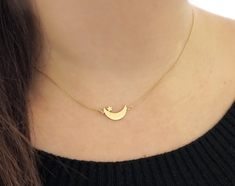 14K 9K Moon and Star necklace, Solid gold necklace, Dainty gold necklace, Crescent Moon Necklace, Celestial Jewelry, Layering gold necklace