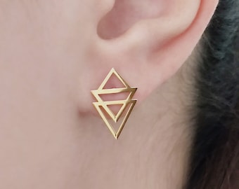 14K 9K Triple Triangle Studs, Triangle Stud Oorbellen, Geometrische stud oorbellen, Triangle Post Oorbellen, Massief gouden oorbellen, Cadeau voor haar