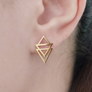 14K 9K Triple Triangle Studs, Triangle Stud Earrings, Geometric stud earrings, Triangle Post Earrings, Solid gold earrings, Gift for her