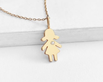 14K 9K Tiny Girl Pendant, Solid Real Gold Girl Charm with Diamond, Gold Girl charm necklace, New born New mom gift, Shower gift, Kid charm