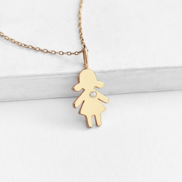 Pendentif Tiny Girl 14K 9K, Charme de fille en or massif avec diamant, Collier de charme Gold Girl, Cadeau de nouvelle maman nouveau-né, Cadeau de douche, Charme pour enfant