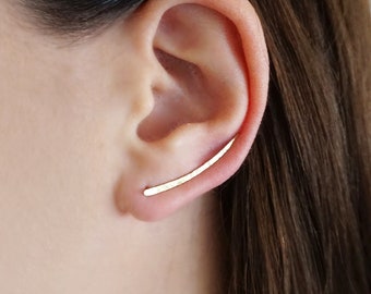 14K 9K Ear Climber Earrings/Long Ear Cuff/Gold Ear Climber/Ear Crawler/Hammered Earrings/Solid Gold Bar Earrings/Ear Crawlers/Ear Pins/30mm