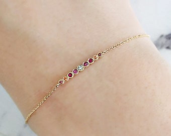 Dainty Sapphire Ruby and Diamond bracelet, 18K 14K 9K solid gold bracelet, Minimalist Diamond Sapphire bracelet,Pink Sapphire bezel bracelet