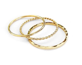 14K 9K Gold Stacking Ring Set, Set of 3 Thin Bands, Hammered Smooth Twisted Solid Gold Stackable Rings,Delicate Ring Stack,Midi Thumb Rings