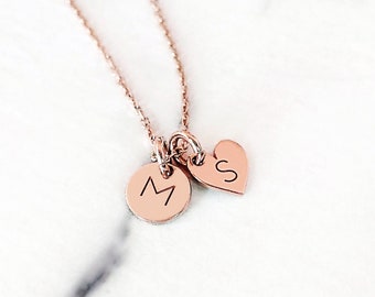 14K 9K Tiny Disc Initial Necklace, Tiny Heart Necklace,Personalized Tiny charm necklace,Custom Monogram Initial necklace,Minimalist necklace