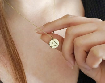 14K 9K  Fire Alchemy Necklace, Triangle Disc necklace, Element Necklace, Alchemy Necklace, Fire Symbol Necklace, Dainty Solid Gold Necklace