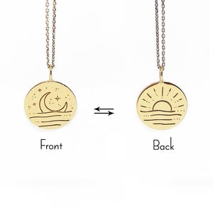 Collar delicado de sol y luna de oro macizo de 14 quilates y 9 quilates, collar con disco, colgante reversible de sol y luna de 2 lados, collar minimalista delicado en capas