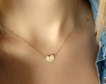 14K Small Heart Necklace, Personalized Custom Initial necklace, Solid gold necklace, Romantic Valentine's Gift for her, Minimalist Jewelry