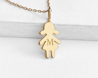 14K 9K Personalized Initial Tiny Girl Pendant, Solid Gold Girl Charm necklace with Monogram, New born New mom gift, Shower gift, Kid charm