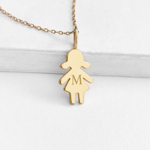 14K 9K Personalized Initial Tiny Girl Pendant, Solid Gold Girl Charm necklace with Monogram, New born New mom gift, Shower gift, Kid charm