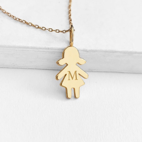 14K 9K Personalized Initial Tiny Girl Pendant, Solid Gold Girl Charm necklace with Monogram, New born New mom gift, Shower gift, Kid charm