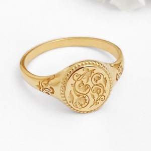 18K 14K 9K フラワーシグネットリング、フローラルリースシグネットリング、ソリッドゴールドシグネットピンキーリング、ヴィンテージアールヌーボーシグネットリング、ヴィンテージフラワーリング