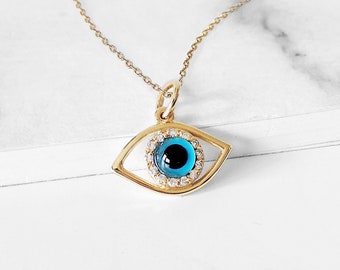 18K 14K 9K Diamond Evil Eye Necklace, Protection necklace, Solid gold evil eye necklace, Minimalist gold necklace, Gold evil eye pendant