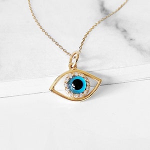 18K 14K 9K Diamond Evil Eye Necklace, Protection necklace, Solid gold evil eye necklace, Minimalist gold necklace, Gold evil eye pendant