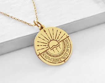 14K 9K Personalized Coordinates Circle necklace, Solid gold Compass necklace,Custom Location GPS Longitude Latitude Jewelry,Anniversary Gift