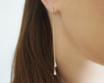 14K 9K Minimalist Long Chain Earrings, Long Chain Dangle Earrings, Dainty solid gold earrings, Simple Drop Earrings, 14K Gold Charm Earrings