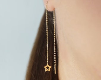 14K 9K Gold Star Threader Earrings, Solid Gold Minimalist Earrings, Dainty Star Threaders, Long Chain Earrings, Celestial gold earrings