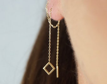 14K 9K Gold Rhombus Threader Earrings, Solid Gold Minimalist Earrings, Dainty Rhombus Threaders, Long Chain Earrings,Geometric gold earrings