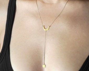 Moon and Star Lariat Necklace, 14K 9K Solid Gold Y necklace, Crescent Moon Drop necklace, Minimalist Dainty Y necklace, Layering Necklace